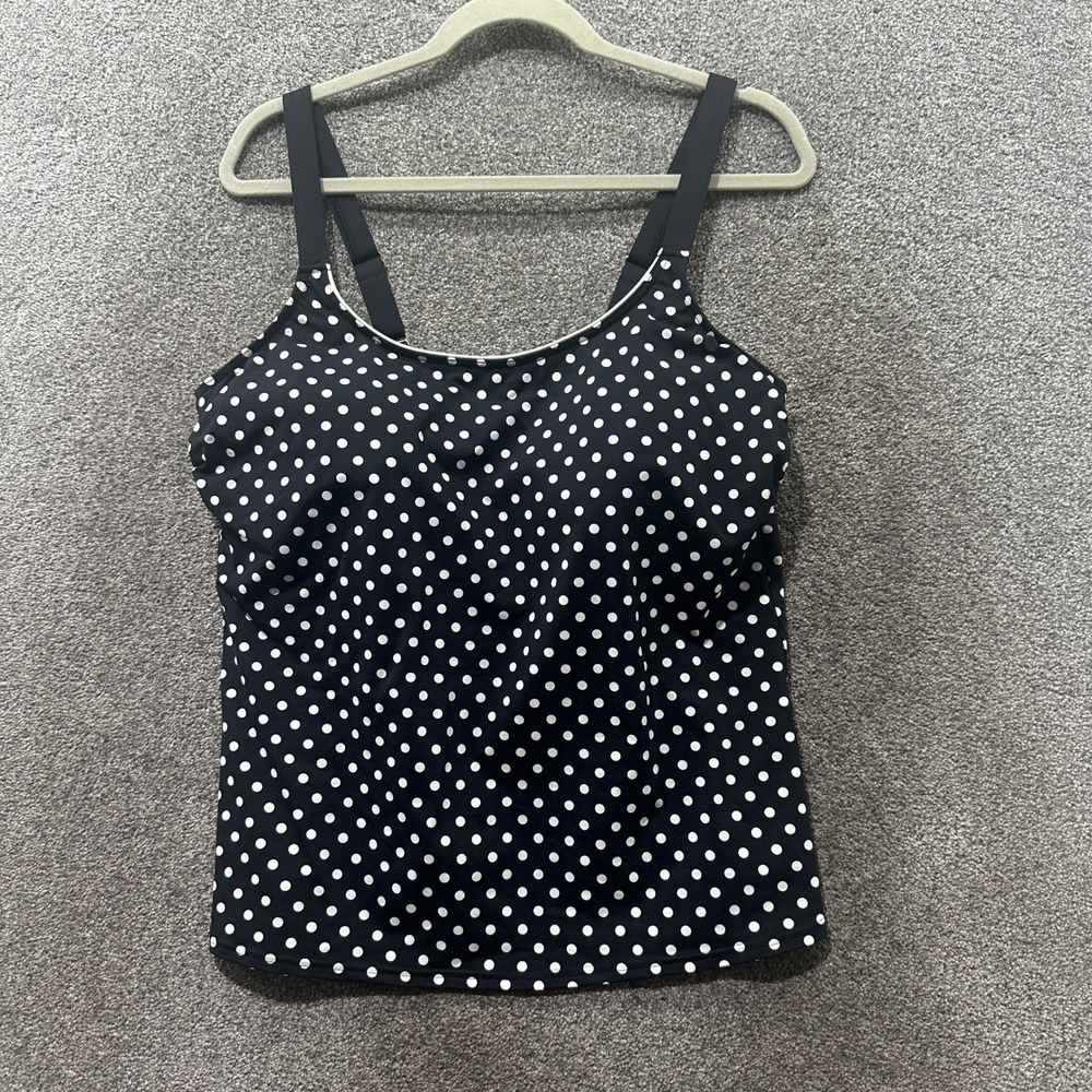 Lands End Tankini Swim Top Womens 16 Black White Polka Dot Beach Classic Pin Up